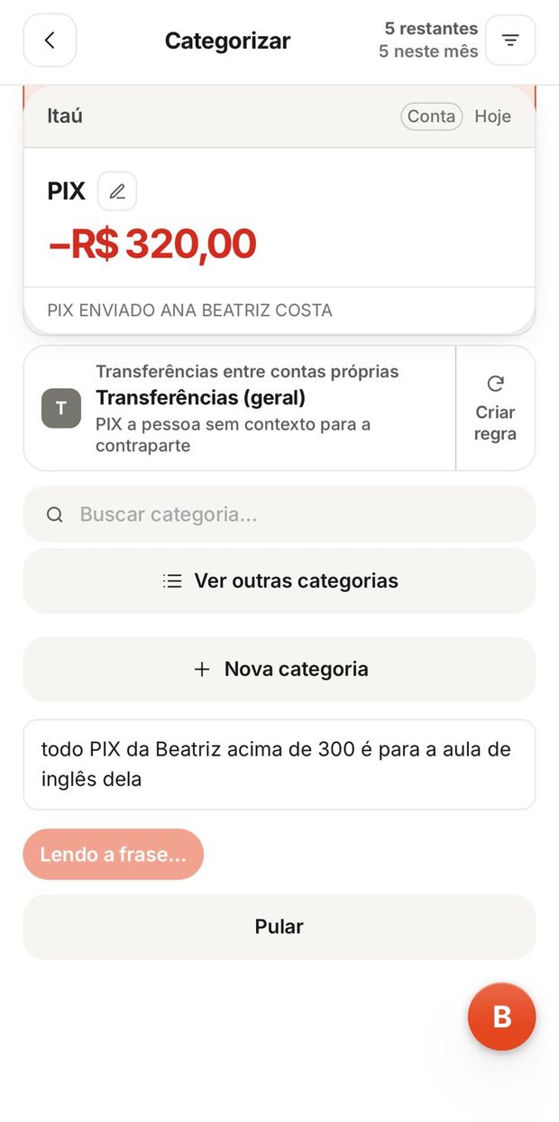 Usuário escrevendo a regra em português